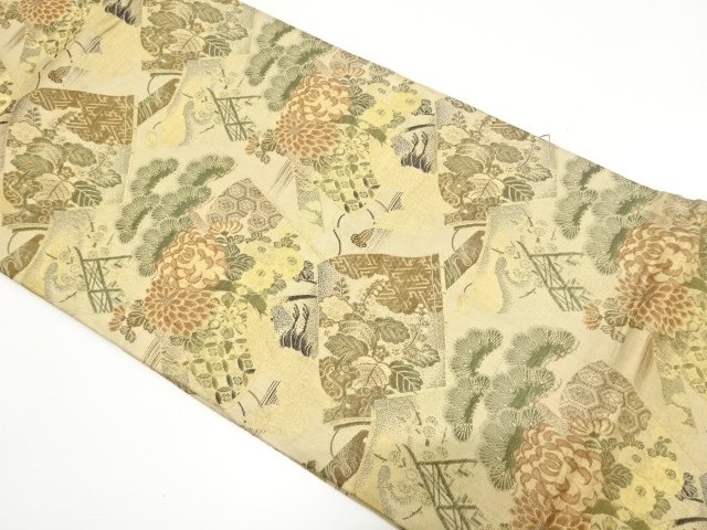 アンティーク　読み本に鶴・草花模様織り出し丸帯（材料）